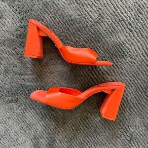 Zara Womens Slide Sandals Neon Orange Square Toe Block Heel Slip-On 7.5